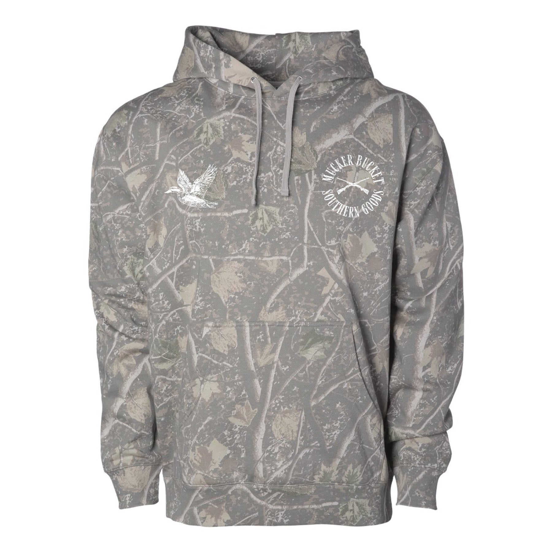 The Mucker Bucket Mallard Deadwood Camo Hoodie features a premium relaxed fit, front pocket, white drawstrings, and two chest logos—one with circular text and the other with a flying duck.