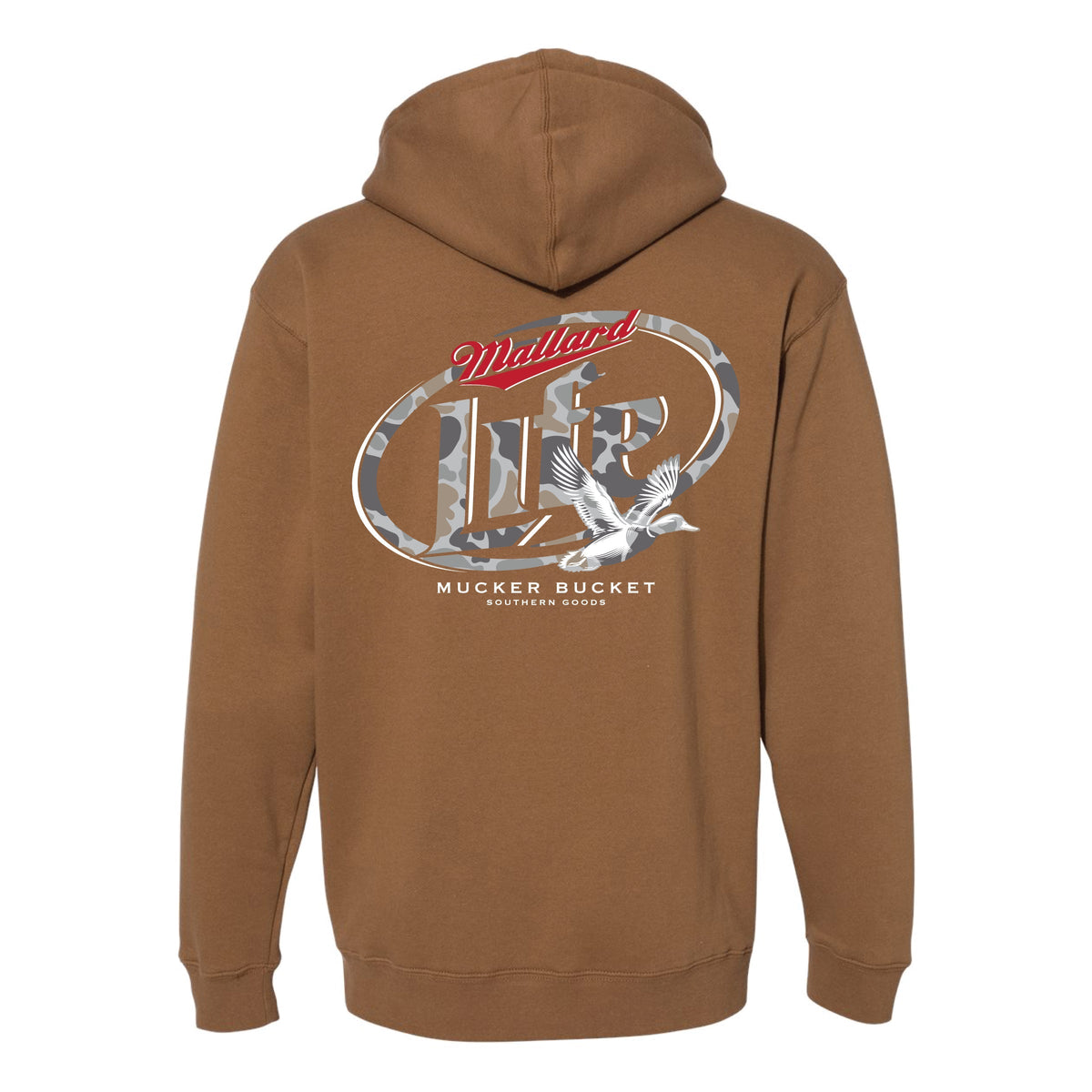 Back view of a brown, relaxed fit Mallard Life Premium Hoodie featuring an oval camo logo with Mucker Bucket and Southern Goods text surrounding a flying duck illustration.