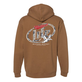 Back view of a brown, relaxed fit Mallard Life Premium Hoodie featuring an oval camo logo with Mucker Bucket and Southern Goods text surrounding a flying duck illustration.