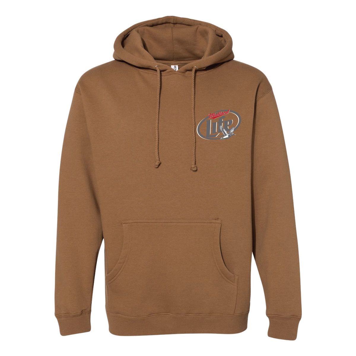 Mallard Life Premium Hoodie in brown with a relaxed fit, kangaroo pocket, and a flying mallard duck logo on the left chest.