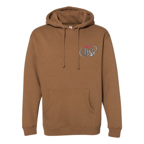 Mallard Life Premium Hoodie in brown with a relaxed fit, kangaroo pocket, and a flying mallard duck logo on the left chest.