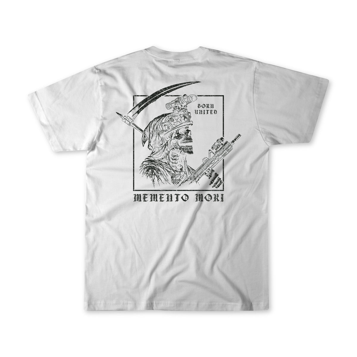 Born United Private Label’s “Memento Mori – White” t-shirt features a black line illustration of an armored skeleton holding a rifle and scythe on the front, with the phrases “Born United” and “memento mori” printed on the back as a philosophical reminder.