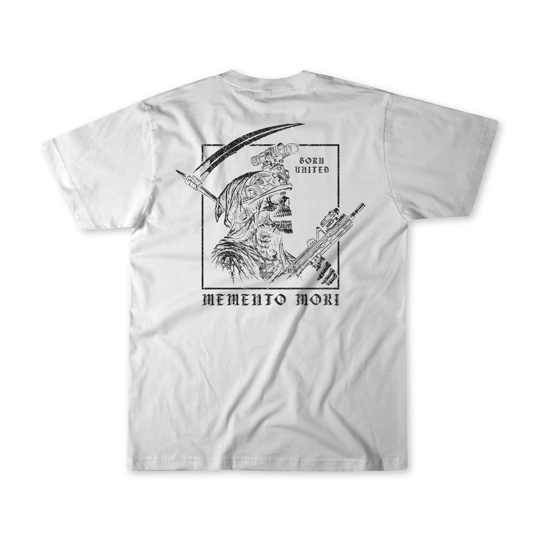Born United Private Label’s “Memento Mori – White” t-shirt features a black line illustration of an armored skeleton holding a rifle and scythe on the front, with the phrases “Born United” and “memento mori” printed on the back as a philosophical reminder.