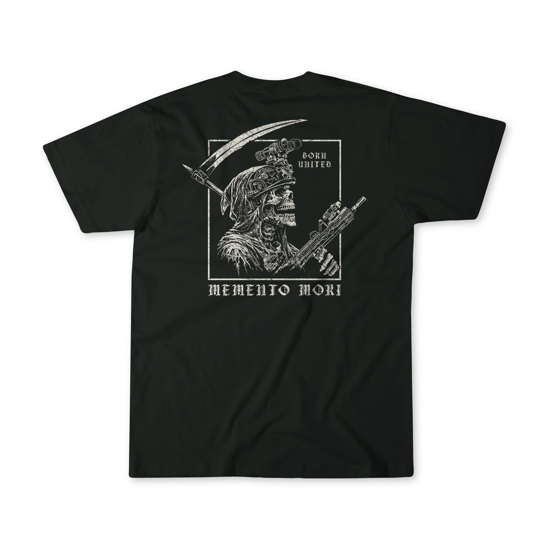 The “Memento Mori” black t-shirt by Born United Private Label features a skeleton Roman soldier with a rifle and scythe, plus “Born United” above and “Memento Mori” below—combining bold style with classic philosophical meaning.