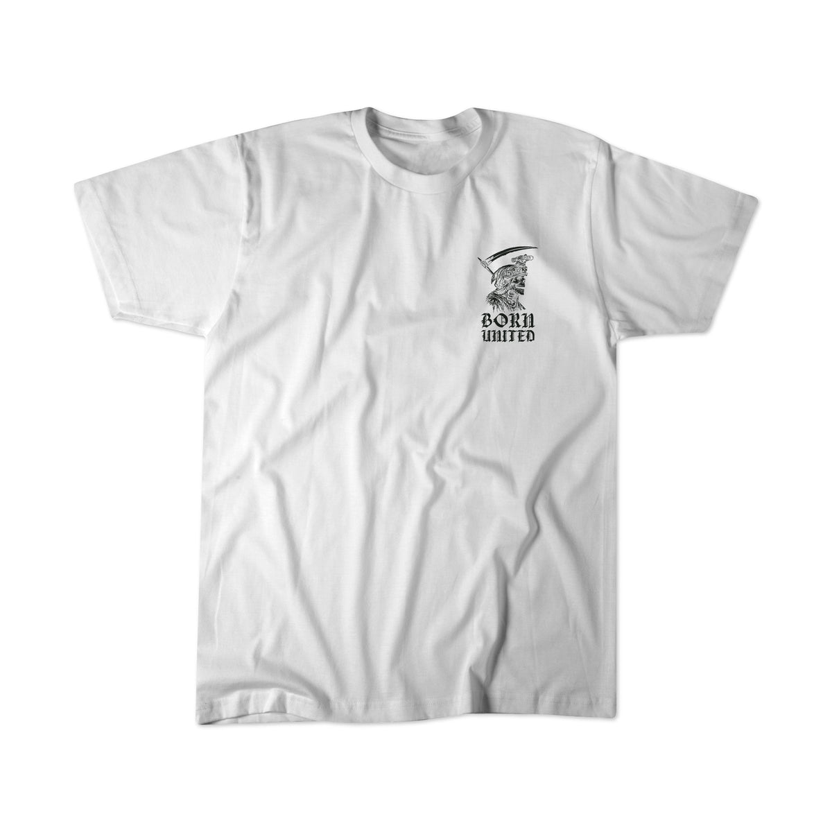 Memento Mori - White by Born United Private Label: A white T-shirt featuring a small graphic of a lion wearing a captain’s hat, accompanied by the inspirational quote “BORN UNITED” on the left chest area—a philosophical reminder to embrace unity and strength.
