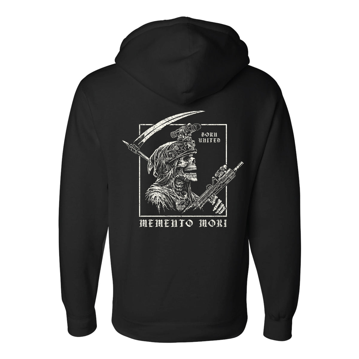 The Memento Mori Hoodie by Born United Private Label is a black hoodie featuring a white graphic of a skeleton in military gear holding a rifle and scythe, with “BORN UNITED” and “MEMENTO MORI” printed on the back.
