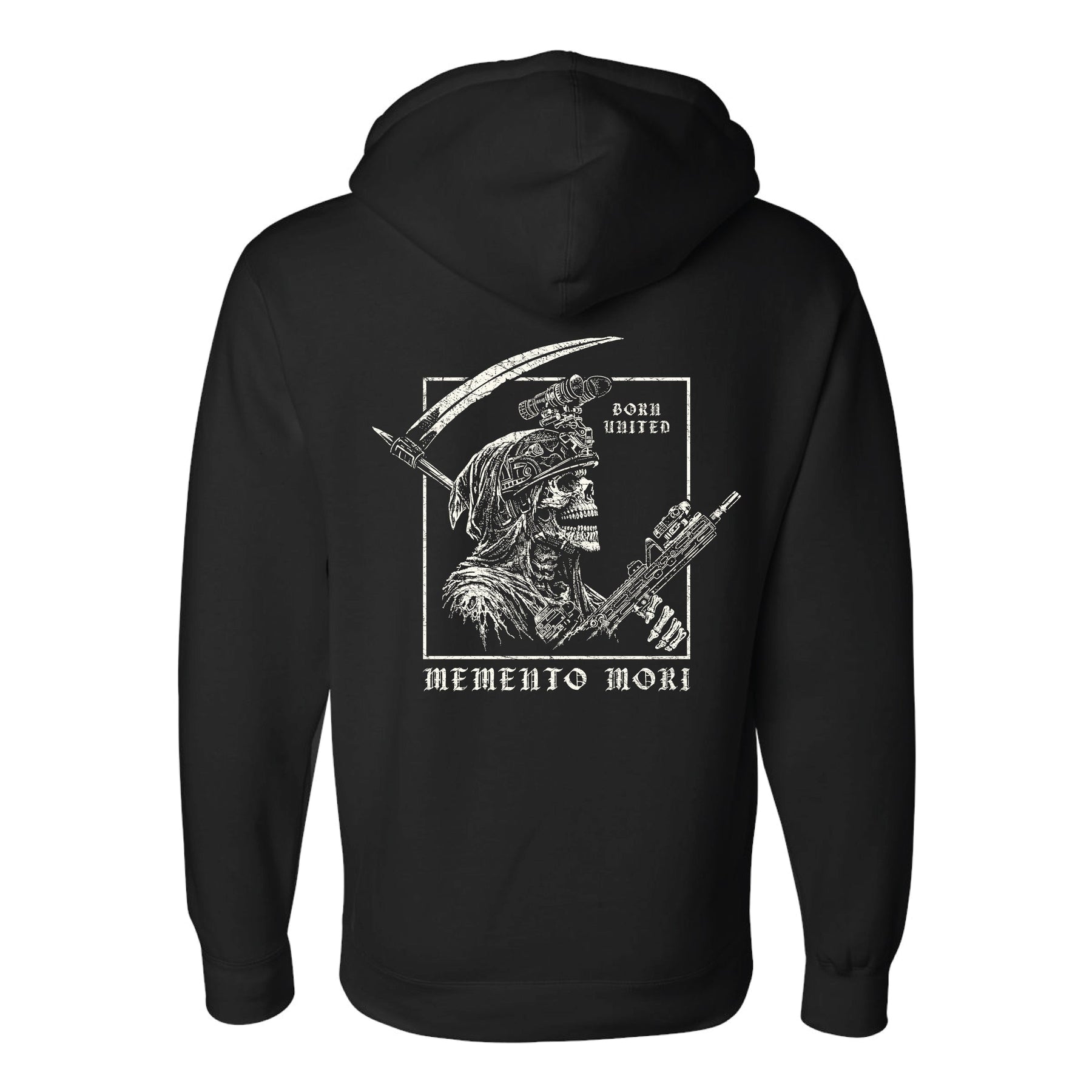 The Memento Mori Hoodie by Born United Private Label is a black hoodie featuring a white graphic of a skeleton in military gear holding a rifle and scythe, with “BORN UNITED” and “MEMENTO MORI” printed on the back.