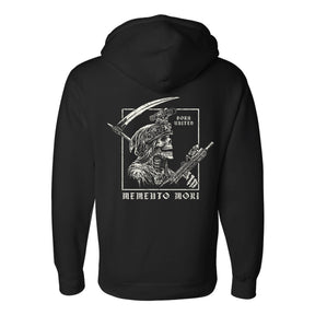 The Memento Mori Hoodie by Born United Private Label is a black hoodie featuring a white graphic of a skeleton in military gear holding a rifle and scythe, with “BORN UNITED” and “MEMENTO MORI” printed on the back.