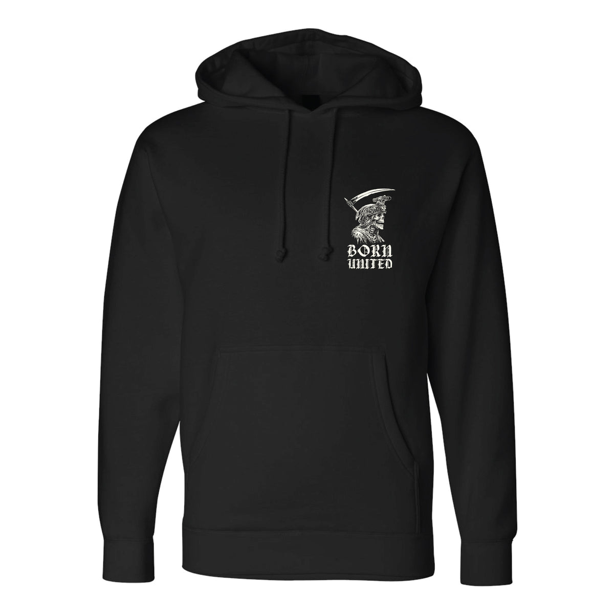 The Memento Mori Hoodie by Born United Private Label is a black hoodie featuring a small graphic of a skull in a captain’s hat and the words “Born United” on the left chest.
