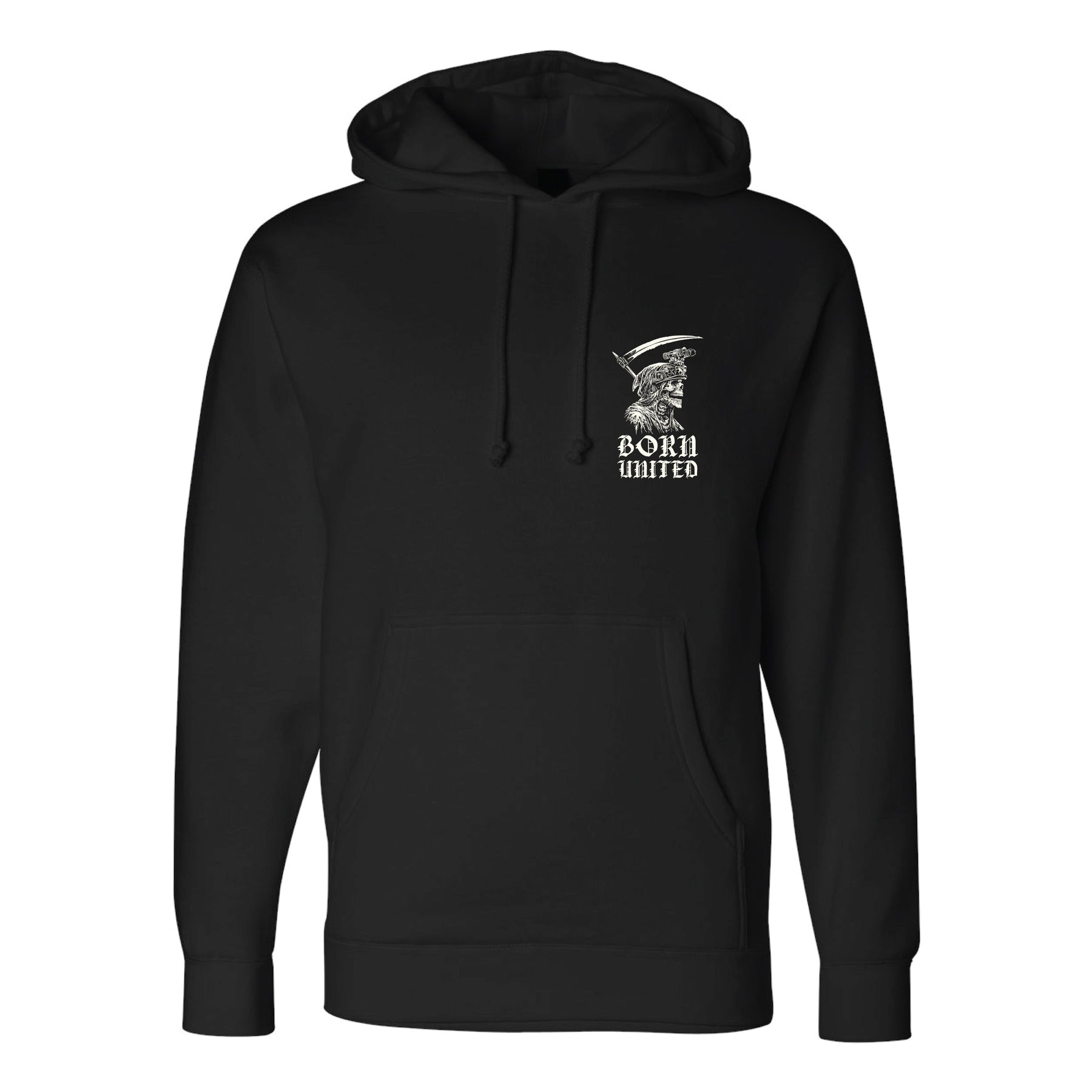 The Memento Mori Hoodie by Born United Private Label is a black hoodie featuring a small graphic of a skull in a captain’s hat and the words “Born United” on the left chest.