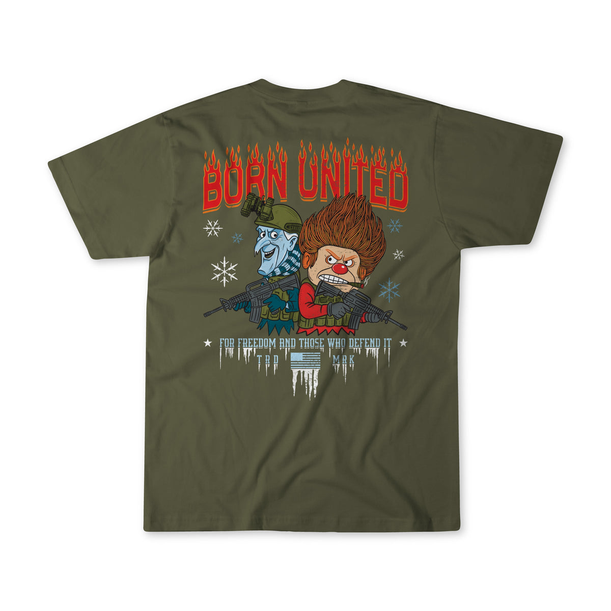 The Tactical Miser Operations T-shirt by Born United Private Label is olive green with a back graphic of blue and orange cartoon characters holding rifles. Red "BORN UNITED" text appears above them, styled with icy and fiery effects and smaller text below.