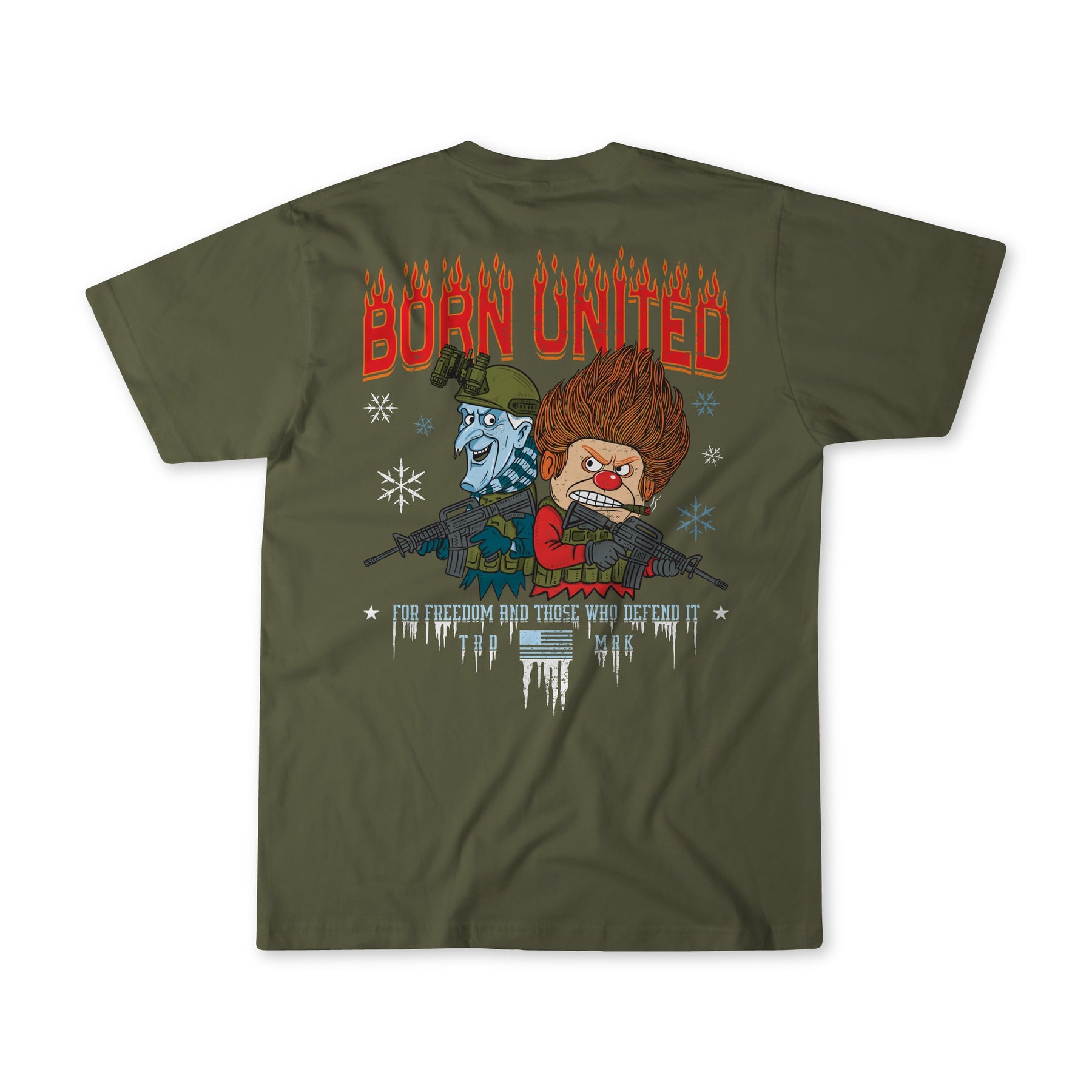 The Tactical Miser Operations T-shirt by Born United Private Label is olive green with a back graphic of blue and orange cartoon characters holding rifles. Red "BORN UNITED" text appears above them, styled with icy and fiery effects and smaller text below.