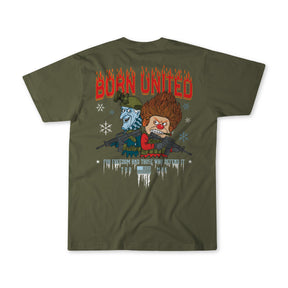 The Tactical Miser Operations T-shirt by Born United Private Label is olive green with a back graphic of blue and orange cartoon characters holding rifles. Red "BORN UNITED" text appears above them, styled with icy and fiery effects and smaller text below.