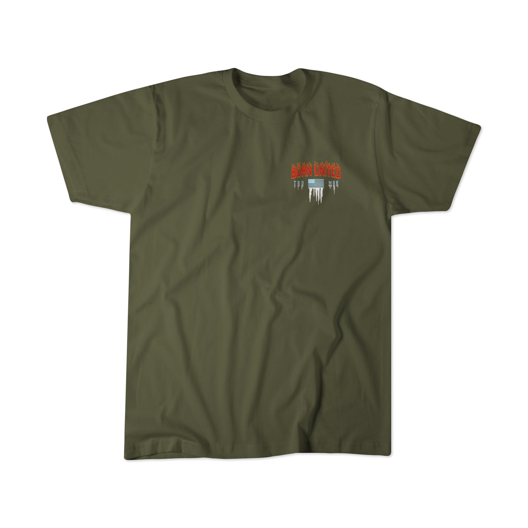 The Born United Private Label "Tactical Miser Operations" T-shirt is olive green with short sleeves, a crew neckline, and a small red and white drippy “SCAR LOVER” graphic on the left chest.