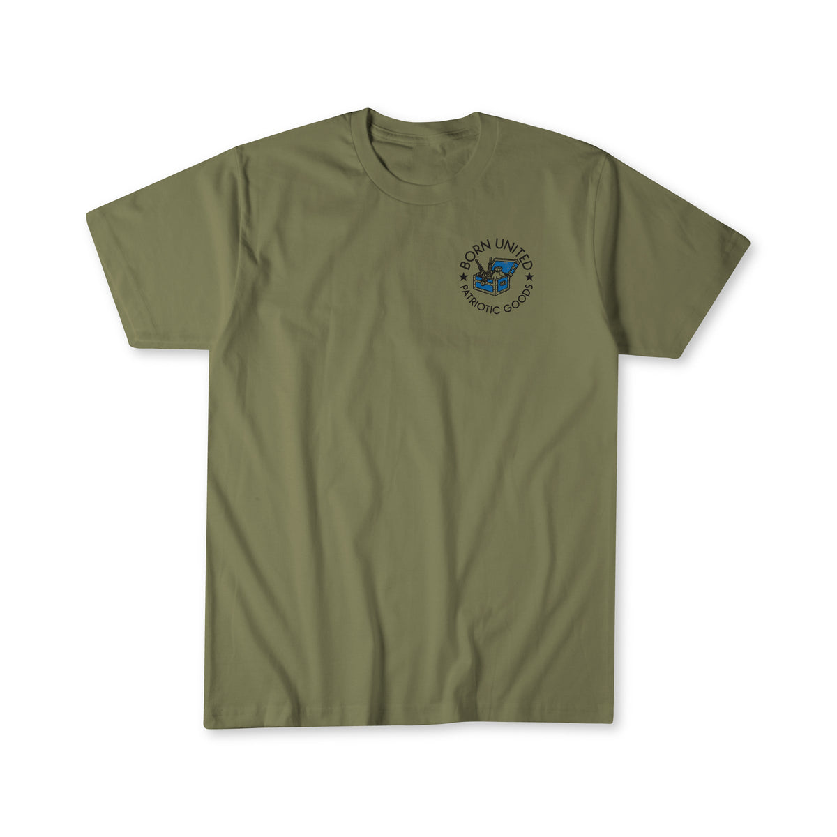 The American Dream t-shirt by Born United Private Label in olive green features a small left chest graphic of a blue eagle with “Born United” above and “Among Gods” below.