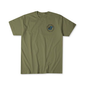 The American Dream t-shirt by Born United Private Label in olive green features a small left chest graphic of a blue eagle with “Born United” above and “Among Gods” below.