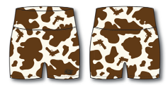 Tango Charlie Apparel’s Women’s High-Waisted Seamless Front Compression Training Shorts in Moo Moo Pew feature a brown and white cow-print with small giraffe silhouettes, shown in both front and back views.