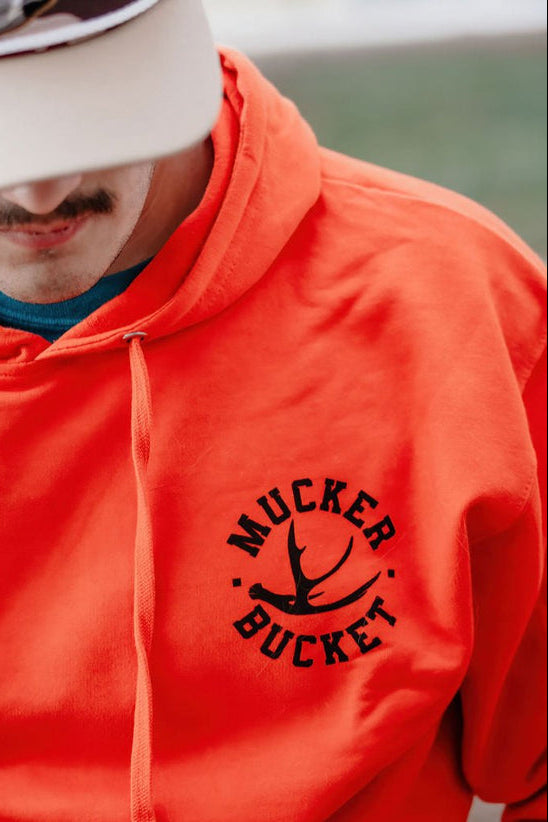 mucker bucket - monster buck hunting orange hooded sweatshirt on model