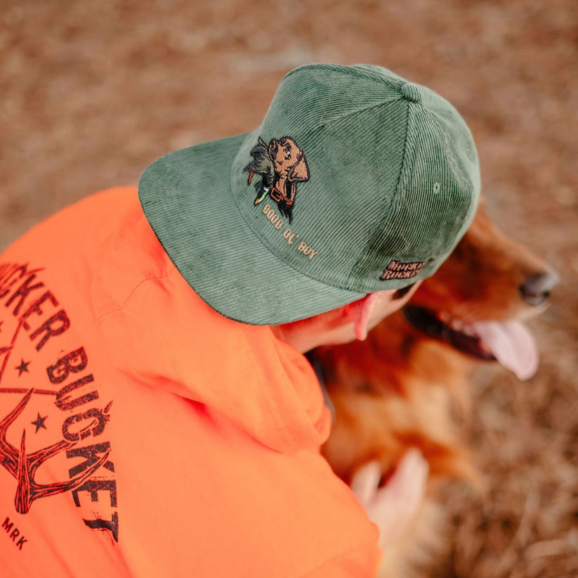 mucker bucket - good ol' boy embroidered dog corduroy hat on model