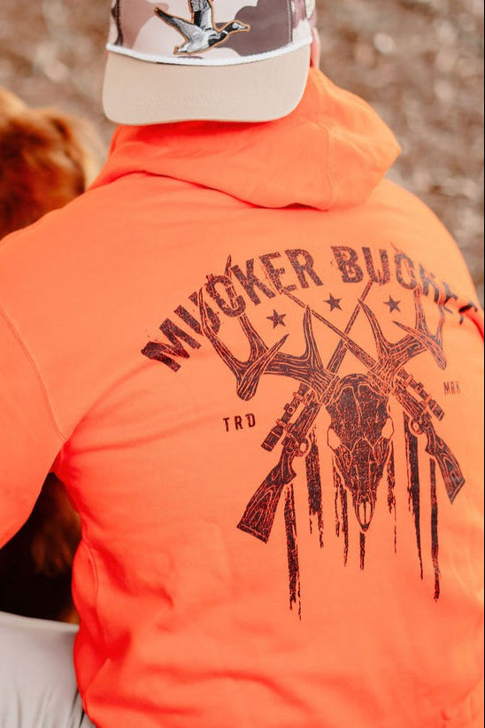mucker bucket - monster buck hunter orange premium hooded sweatshirt on model