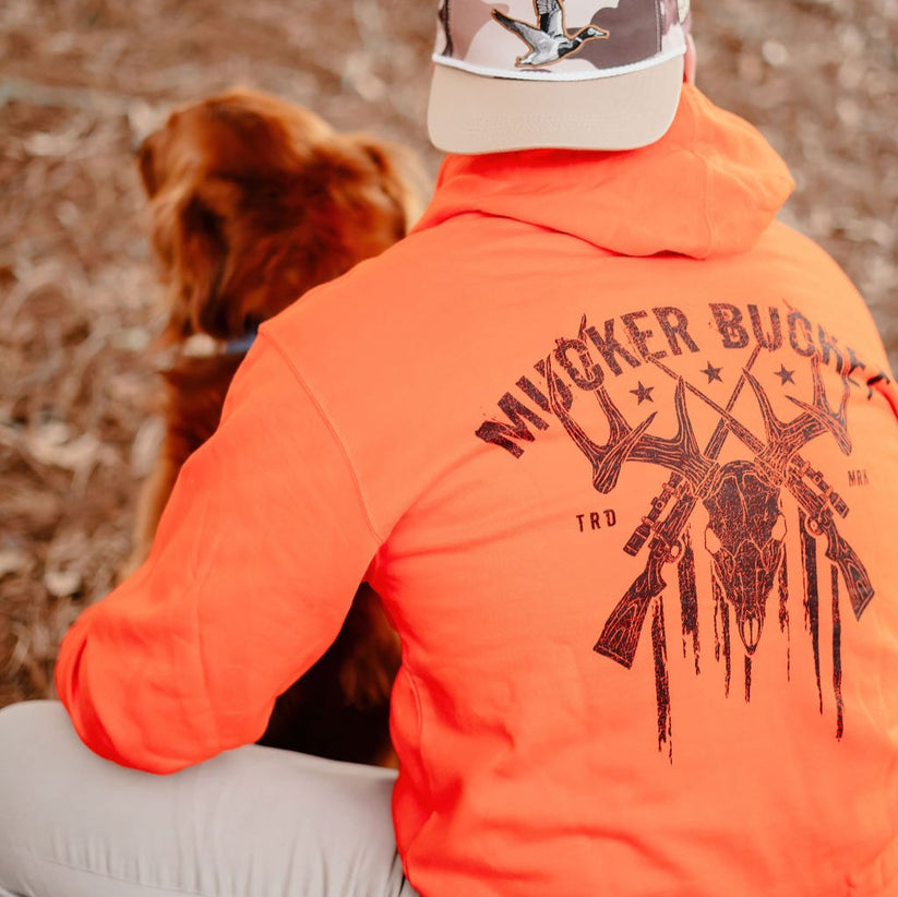 mucker bucket - monster buck hunter orange premium hooded sweatshirt on model