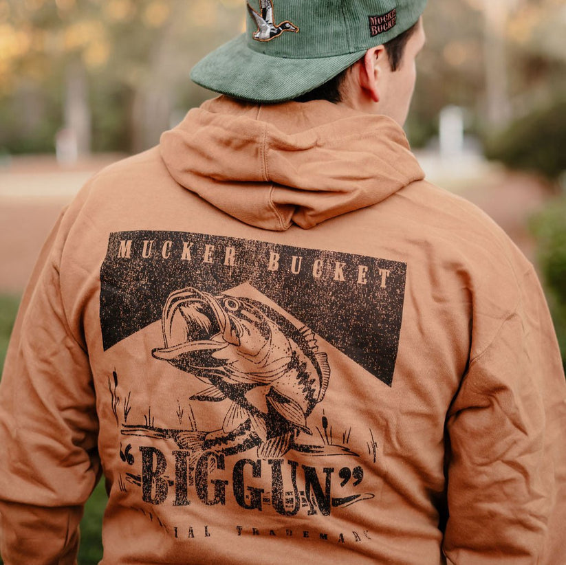 mucker bucket - biggun premium hoodie back on model