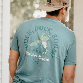 mucker bucket - duck duck boom premium tee back on model