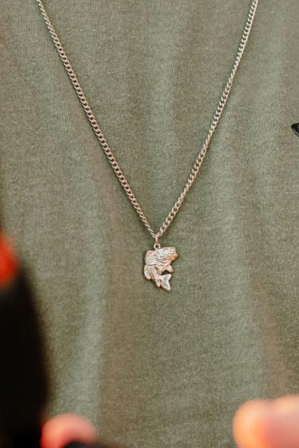 A close-up shows a person wearing Mucker Buckets Big Bass America Necklace, holding a fishing rod. Theyre in a green shirt with a fish illustration and the phrase MUCH BUCK. The necklace is the focus.
