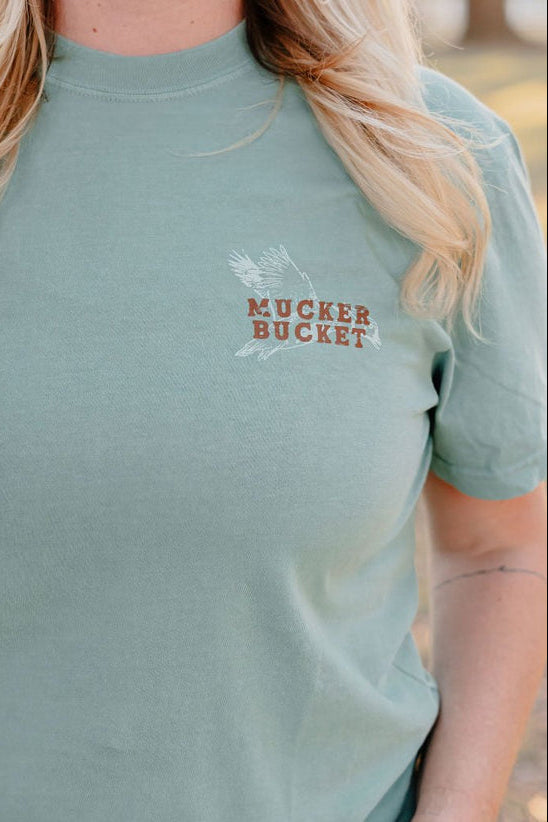 mucker bucket - wood ducks premium tee front on model