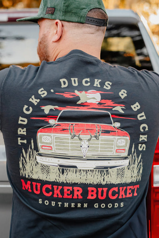 mucker bucket - trucks, ducks & bucks premium tee back on model