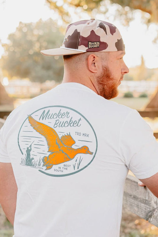 mucker bucket - vintage duck premium t-shirt back on model
