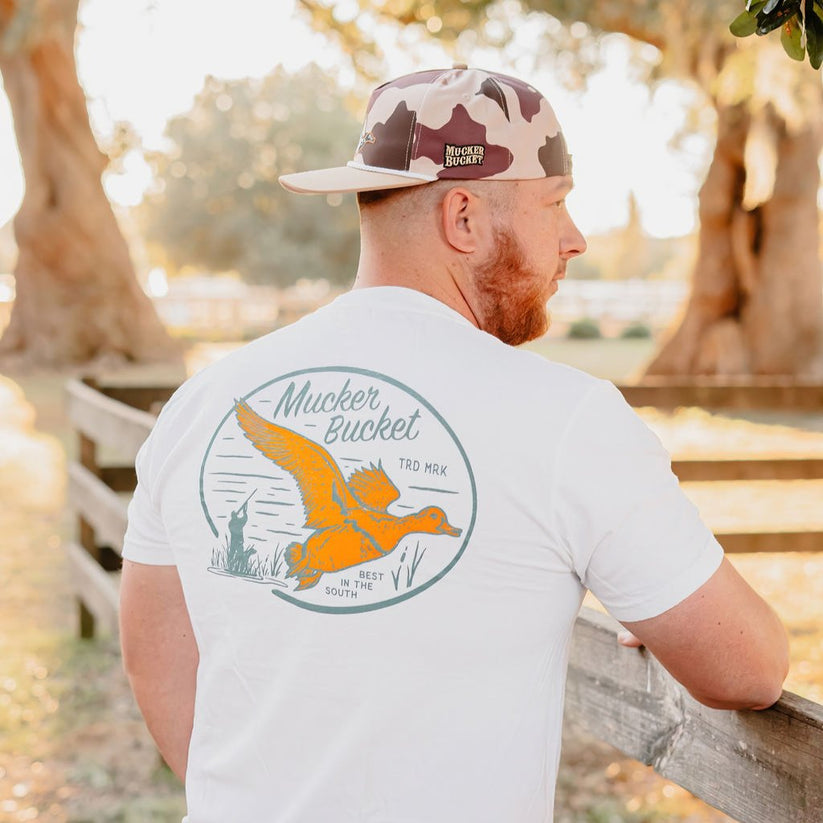 mucker bucket - vintage duck premium t-shirt back on model