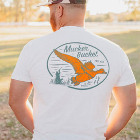 mucker bucket - vintage duck premium tee back on model