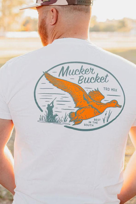 mucker bucket - vintage duck premium tee back on model