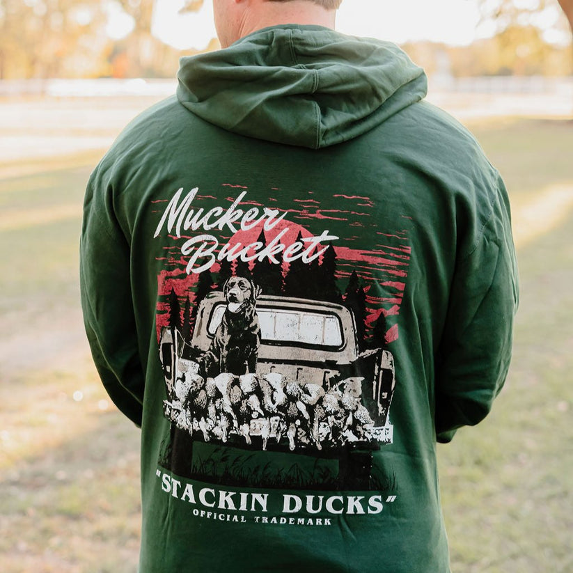 mucker bucket - stackin' ducks premium hoodie back on model