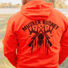 mucker bucket - monster buck hunter orange premium hoodie back on model