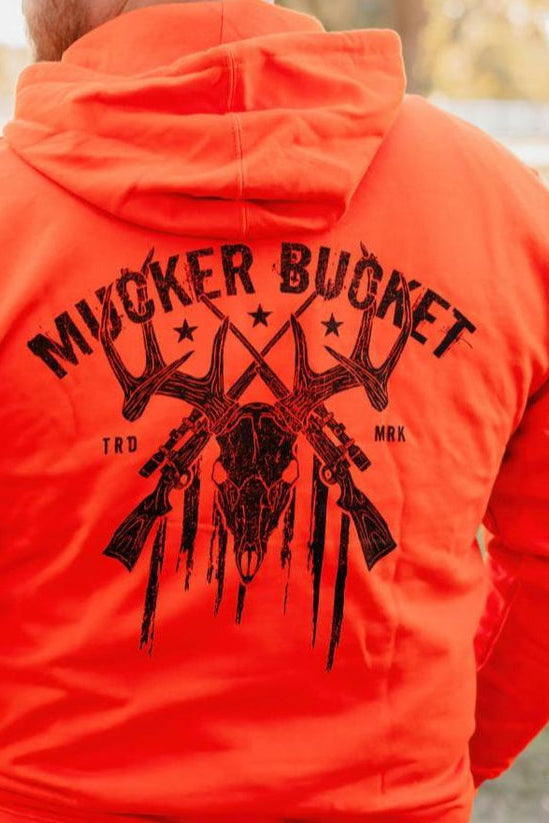 mucker bucket - monster buck hunter orange premium hoodie back on model