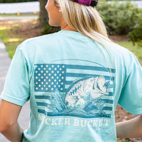 mucker bucket - unisex big bass america premium tee back on women's model