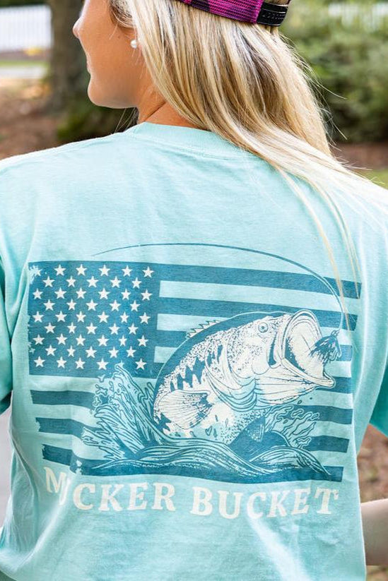 mucker bucket - unisex big bass america premium tee back on women's model