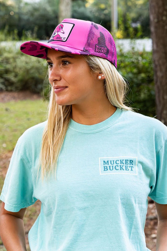 mucker bucket - big bass america premium tee front on model