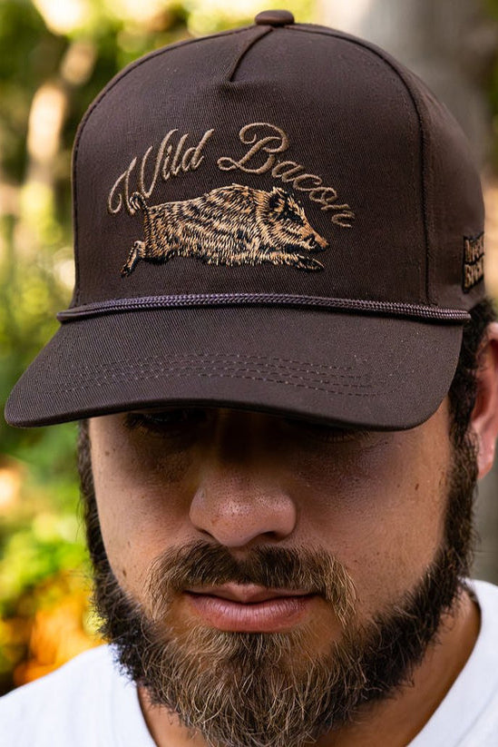mucker bucket - wild bacon vintage hat on model
