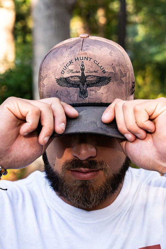 mucker bucket - duck hunt club swamp leaf hat front on model