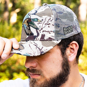 mucker bucket - mallard big woods trucker hat on model