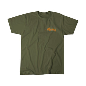 The Mucker Bucket Ghost Gobbler Premium Tee is an olive green, garment-dyed ring-spun cotton shirt with a small orange and white Midtown Denver graphic featuring stylized rays above the text on the left chest.