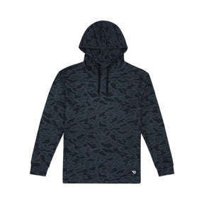 The Mucker Bucket Performance Hoodie - Stealth Camo features long sleeves, a hood, and a dark blue and black blackout camo pattern, displayed laid flat on a white background.