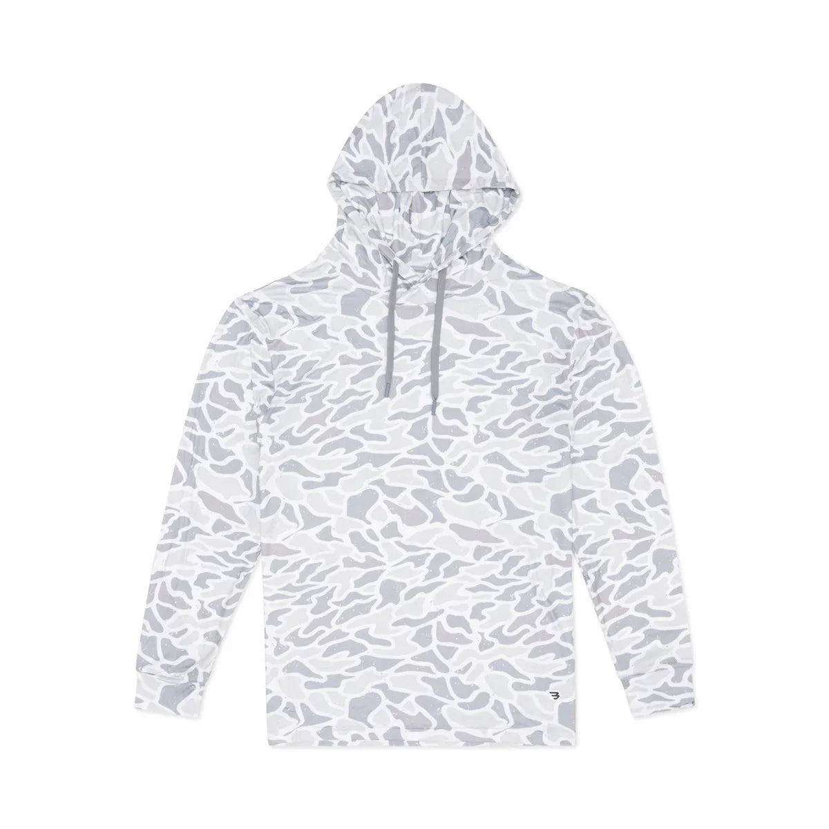 The Mucker Bucket Performance Hoodie - Ghost Camo is a light gray and white athletic hoodie with drawstrings, shown flat on a white background. Its lightweight, moisture-wicking fabric offers active comfort with spread-out arms and hood.