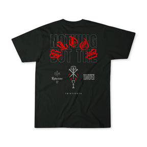 The Nothing But the Blood Premium Tee by 13th features large gray "NOTHING BUT THE" text with red abstract symbols, plus smaller white graphics in a central column on the lower back—creating an inspirational black faith t-shirt.