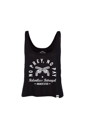 The No Prey, No Pay Womens Crop Tank by Relentless Betrayal is a black, drapey-fit top featuring white NO PREY, NO PAY text and crossed pistols, with Relentless Betrayal MMXVIII printed below the graphic for standout style.
