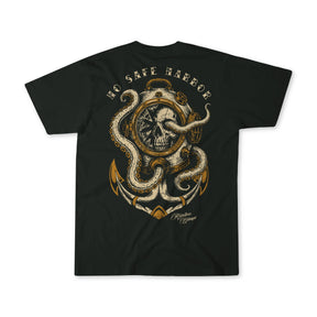 The No Safe Harbor Premium T-Shirt by Relentless Betrayal is a black unisex tee crafted from 100% premium cotton, showcasing a striking back graphic of a diving helmet entwined with a skull, octopus tentacles, an anchor, and the bold text “NO SAFE HARBOR.” This shirt seamlessly blends comfort with adventurous style.