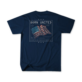 Born United Private Label's Born United Patriot Box Tee in navy features two waving American flags and "BORN UNITED" on the back, plus small text and stars. This is a Limited Edition design.